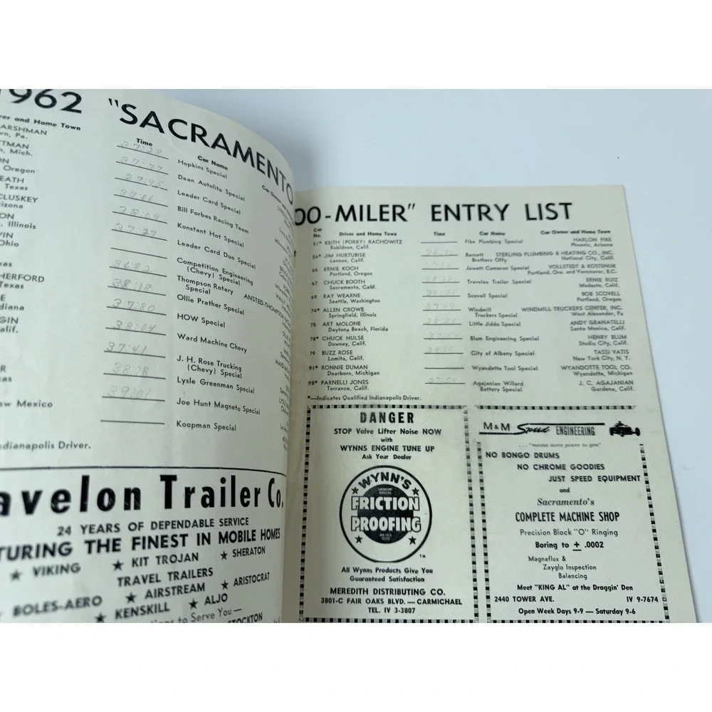 1962 Big Car 100 Mile National Championship Race Program Sacramento 12th Annual